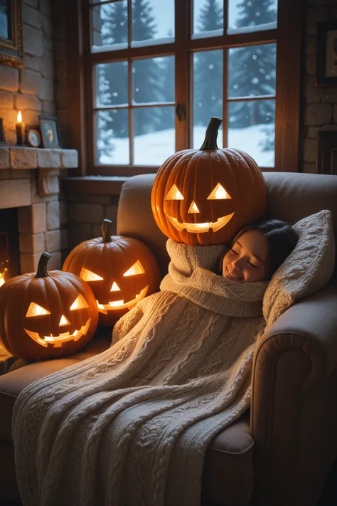 photorealistic, hyperdetailed, a cozy living room on a winter night. A young woman with a gentle smile is curled up in a plush a...