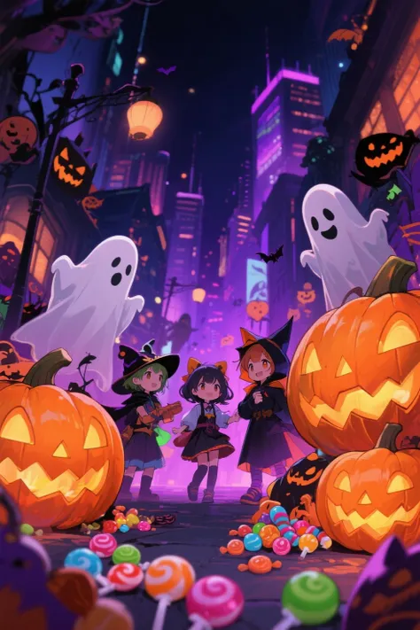 Mysteries and Fun、Night City、Halloween in orange and purple tones
jack-o-lantern、Ghost、Children、Candy、Colorful Halloween Night。a...