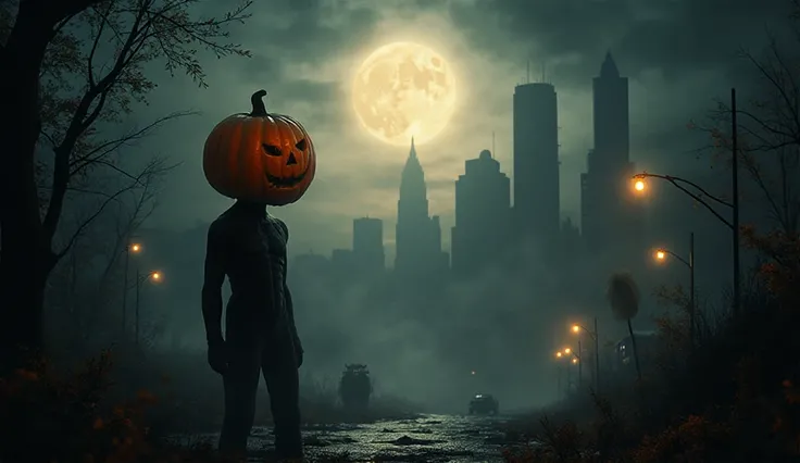 Dark Halloween,Like it's real, it's fake, and even a pumpkin-shaped body,full moon in the city