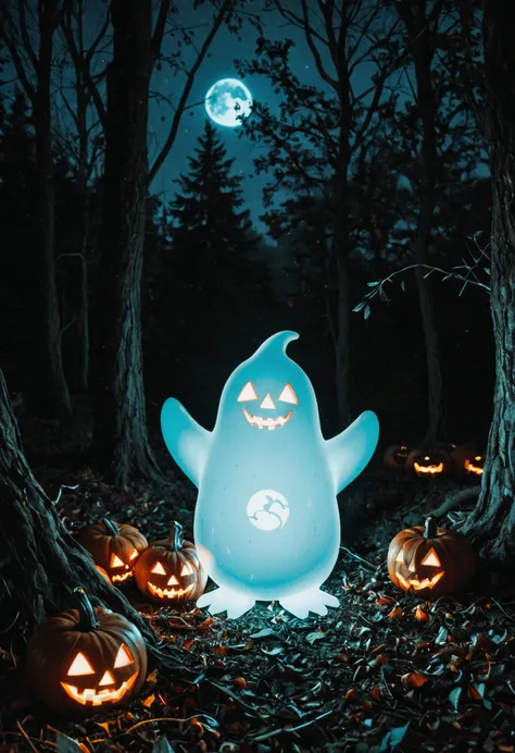 RAW photo, high quality, ultra-detailed, playful Halloween ghost, cute friendly specter, round translucent form, cheerful glowin...