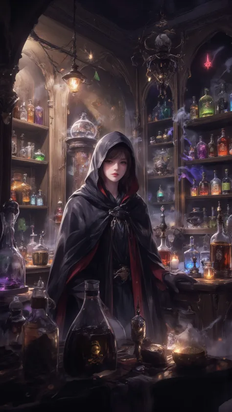 a mysterious potion merchant in a dimly lit fantasy shop filled with glowing bottles, herbs, and arcane symbols, wearing a hoode...