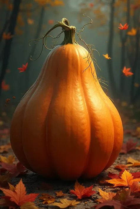 A fig that looks like a Halloween pumpkin with autumn leaves 