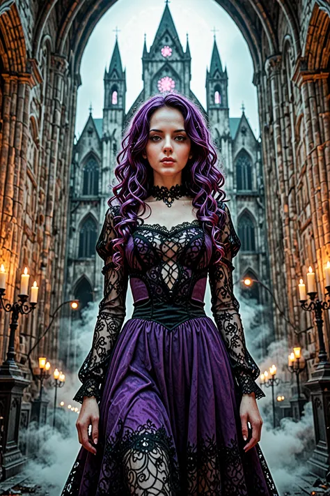 masterpiece, best quality, ultra-detailed, 1girl, ( purple curly hair :1.3), gothic lace dress, (pale skin:1.1), mysterious faci...