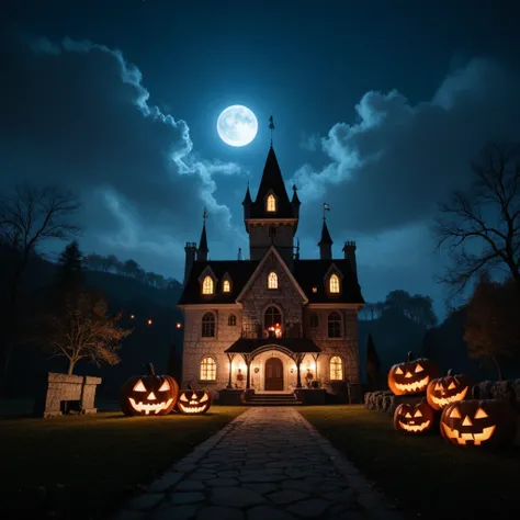 Characters from classic horror movies telling horror stories sitting around the chimney of Dracula's castle, during Halloween ni...