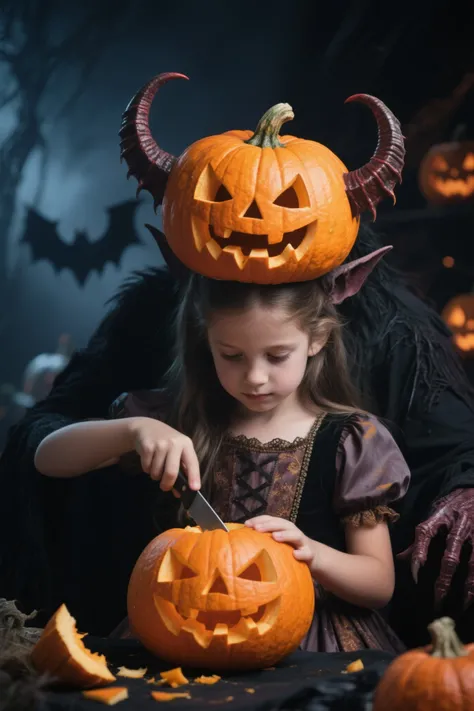 A demon, with a Halloween pumpkin on his head, is a model for a child girl who is carving a pumpkin. Dark mood high quality real...