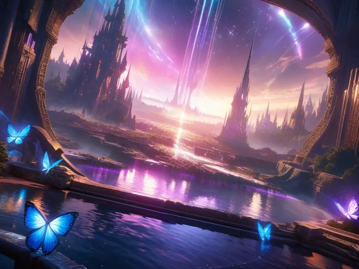 "A breathtakingly intricate, hyper-detailed fantasy concept art of an ethereal elven city at twilight. The scene is dominated by...