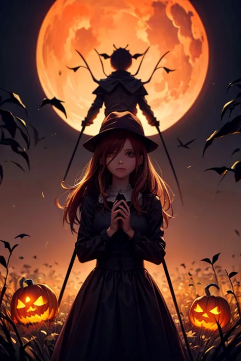 Pumpkin-headed scarecrow with tree vine hands according to a scythe scary dark with the best quality best effects best shadows b...