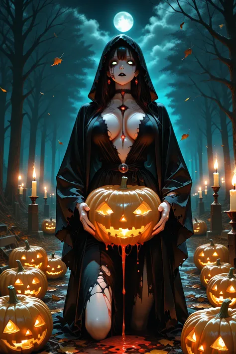 masterpiece, Photorealism, high definition, an ominous ghost in torn robes with empty eye sockets hangs over a giant carved pump...