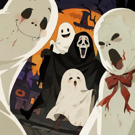 A small ghost made of a sheet is behind other larger ghosts wanting to spy on their macabre plans. The scene is dynamic and fun,...