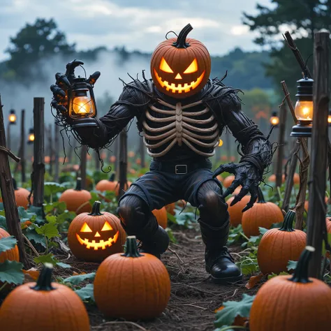 Veiled Fears in the Pumpkin Patch LabyrinthProduce a richly atmospheric, hyper-detailed cinematic depiction of the Halloween spe...