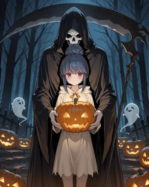 ghost, grim Reaper, Scythe, Death Scythe, (Shima Rin), straight hair, Jack-o-lantern, dark, Land of the Dead , Halloween Night, ...