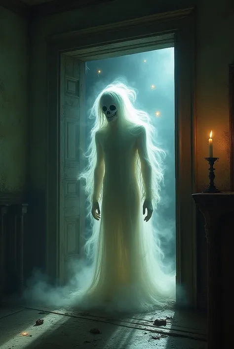 A detailed Victorian ghost with a distorted face and empty eye sockets stands in the doorway of an abandoned mansion. His transl...