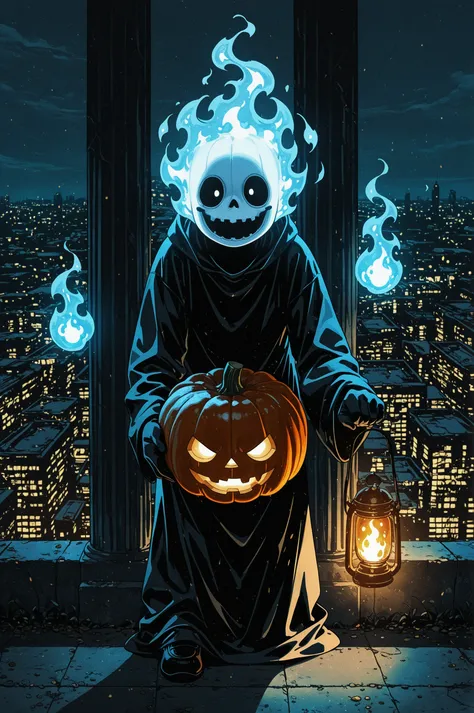 1 child, pumpkin head, ghost face, carry a lantern, pale blue flame, leaning forward, looking at viewer, Hidden in the shadow of...