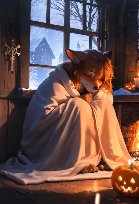 (masterpiece, best quality:1.3), realistic, ultra-detailed, cinematic lighting, Halloween night, winter setting, cold snowy land...