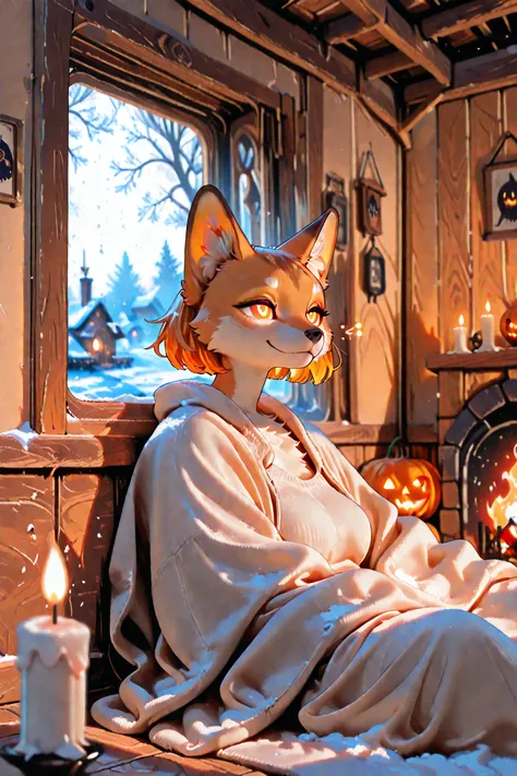 (masterpiece, best quality:1.3), realistic, ultra-detailed, cinematic lighting, Halloween night, winter setting, cold snowy land...