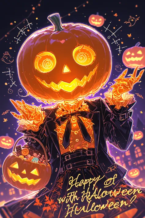 neon ghost with pumpkin head. the atmosphere of an autumn holiday on Halloween. leaf fall. He asks for sweets.