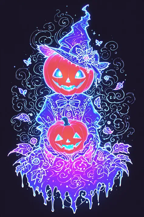 neon ghost with pumpkin head. the atmosphere of an autumn holiday on Halloween. leaf fall. He asks for sweets.