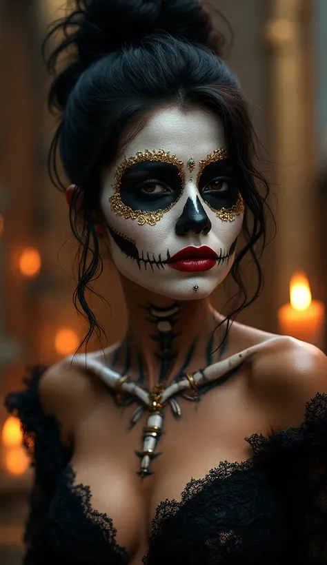 "Hyperrealistic image of a sensual Catrina: young woman with lustrous black hair tied in a high bun captured with loose wicks th...