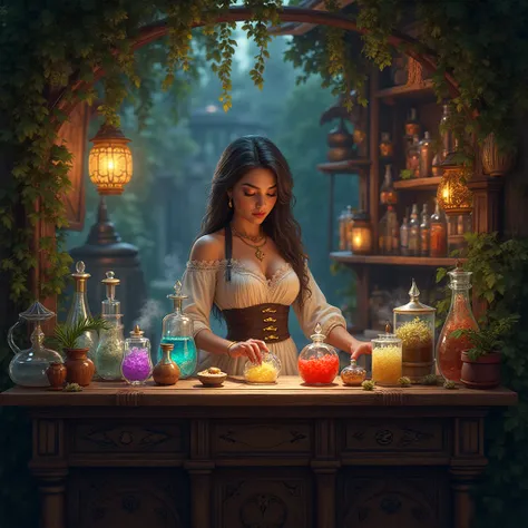 a beautiful potion maker, open for business selling her magical concoctions.
