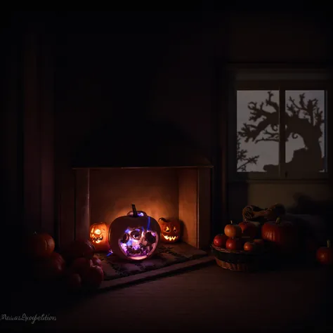 Cheminée en briques rouges dans une maison de campagne, blue and purple flames created by magic Halloween salts, sculpted pumpki...