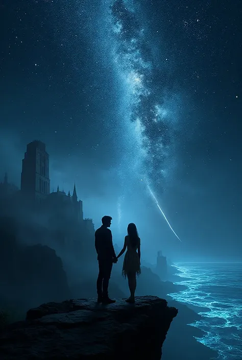 Epic melodic heavy metal album cover. A lone couple standing on a cliff at night, facing a vast starry sky with a meteor shower ...