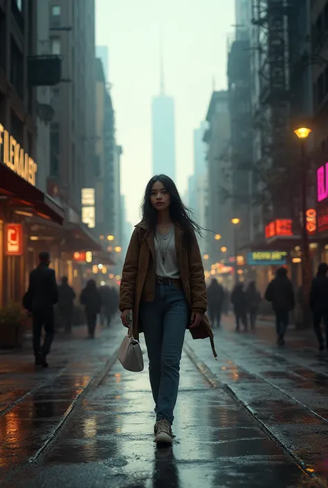 Une jeune fille qui marche seule dans la rue de la ville