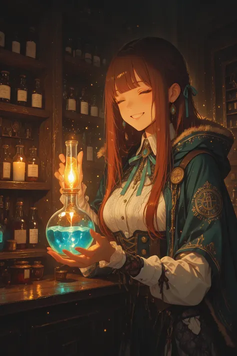 masterpiece, best quality, anime style, ultra-detailed, high resolution, 8k, cute young female alchemist, smiling, holding glowi...