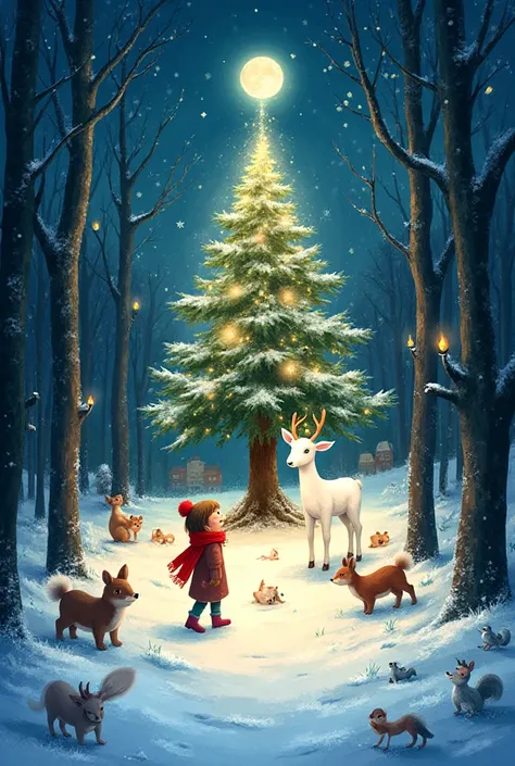 1 ️ № Scene: Moon in the snowy forest
Girl with red scarf walking in a snowy forest at sunset, gently falling snow, magical Chr...