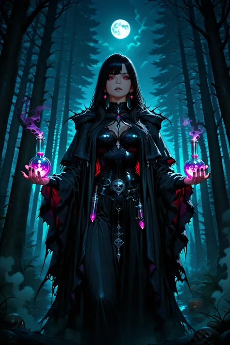 a detailed magical halloween woman potion merchant, standing in a mysterious forest, long dark hair, intense gaze, flowing robe,...
