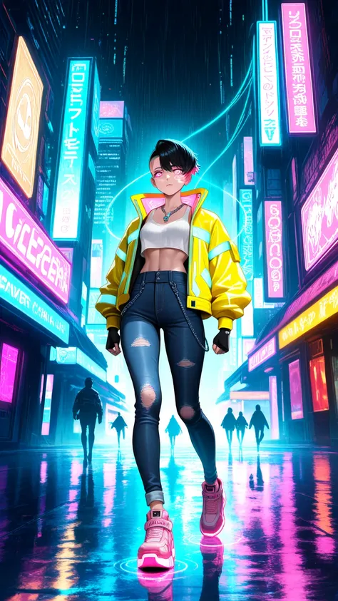 high quality, masterpiece, ultra-detailed, vibrant cyberpunk Asian teenager, confident young woman with sleek black hair featuri...