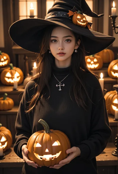A Girl in long black sweater, in Witch hat for Halloween , holding Pumpkin with candle lit inside in both hands, Busy pumpkin pa...