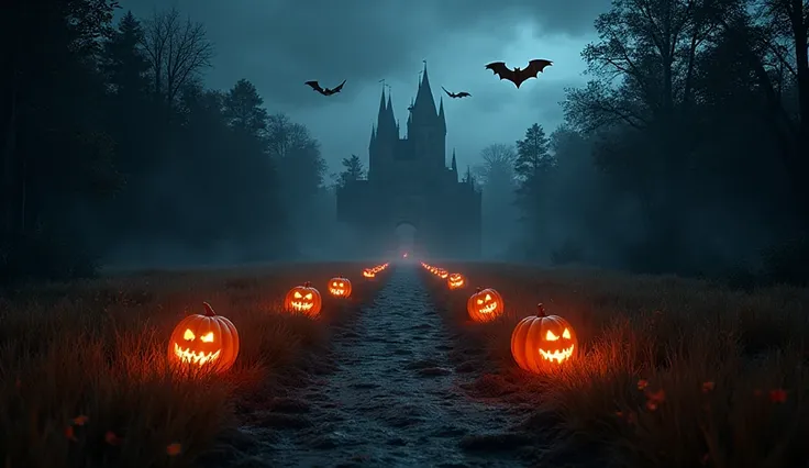 high quality, Halloween, In the forest, A path that stretches to the right in the middle of a large field, A tall castle at the ...