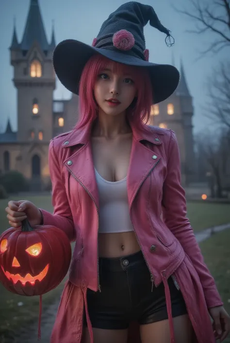 cute woman with pronounced curvy voluptuous body, lively proportions, witch costume, bright pink bob hair, smiling with visible ...