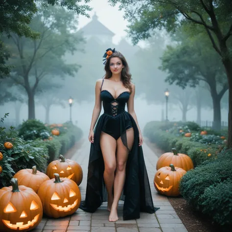 Create a realistic photo for Instagram of a gorgeous face, blue natural eyes, firm, big breasts, round, black curley hair, and a...