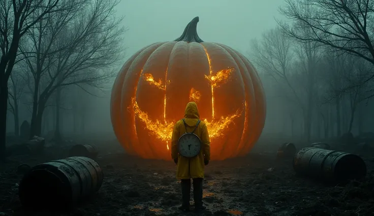 A dystopian scene reminiscent of the TV series Dark, large burnt trees, a giant crystal halloween Pumpkin cratered in the ground...