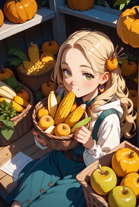 cute Blonde womanhood stick out her forehead long hair pumpkins, corn, apples, and pears in a basket autumn look sleepy