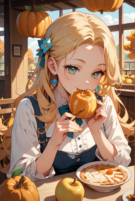woman eating pie　stick out her forehead　Blonde　long hair　pumpkin　corn　apple　Pear　autumn　look sleepy　