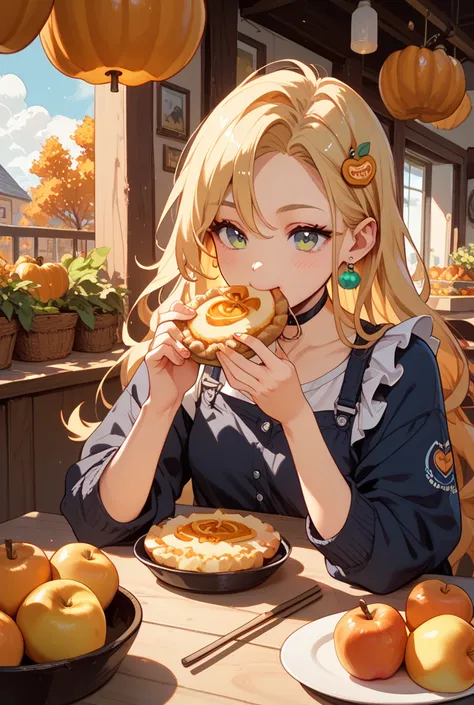 woman eating pie stick out her forehead Blonde long hair pumpkin corn apple Pear autumn look sleepy