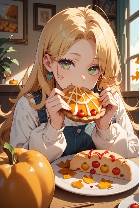 woman eating pie　stick out her forehead　Blonde　long hair　pumpkin　corn　apple　Pear　autumn　look sleepy　