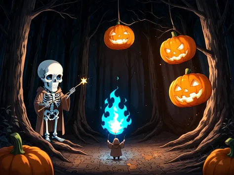 a chibi skeleton with large round holes for eyes that glow with a bright blue flaming light, wearing long brown robes that trai...