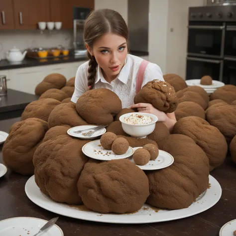 There is a pile of huge poop in a tiny plate. A huge woman who pooped this standing by the plate. 