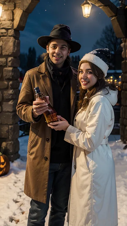 Halloween party in the snow at night Women and men stand holding bottles of drinks in front of the ancient castle