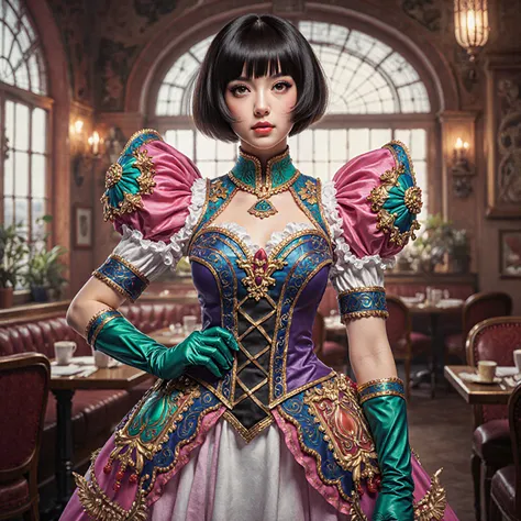 Masterpiece, Best Quality, A 90s short-hair woman, colored ornamental fancy pretty cute hero costume, standing, in cafe, gloves,...