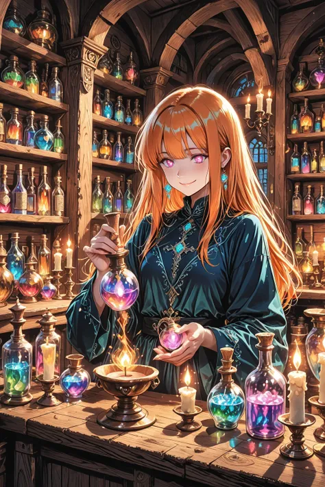 anime style, a mysterious potion merchant standing behind a wooden counter filled with glowing potions, fantasy apothecary inter...