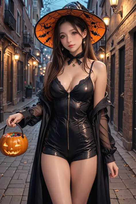 Woman dressed in Halloween costume walks in the middle of the street