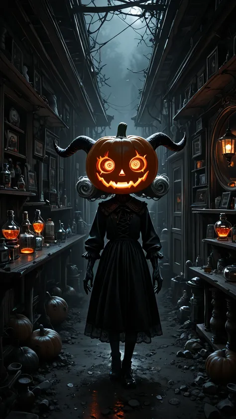 photo, ultra-detailed, 8k Wallpaper, demon girl with a body made of translucent ectoplasm, pumpkin head with a demonic face carv...
