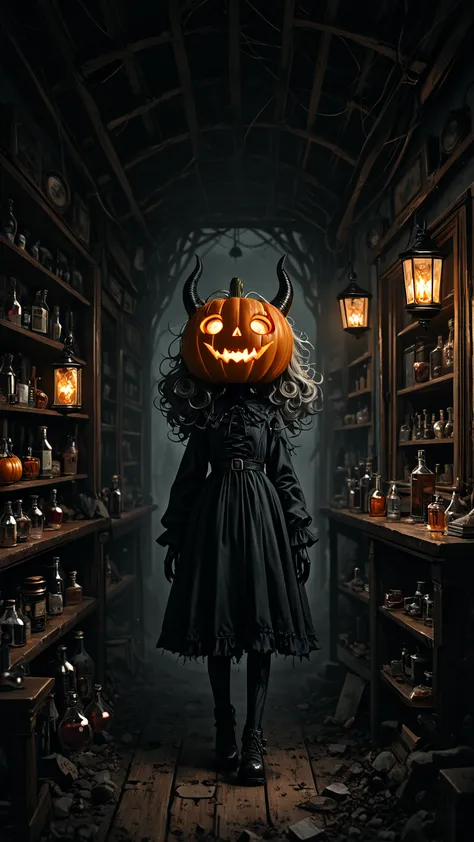 photo, ultra-detailed, 8k Wallpaper, demon girl with a body made of translucent ectoplasm, pumpkin head with a demonic face carv...