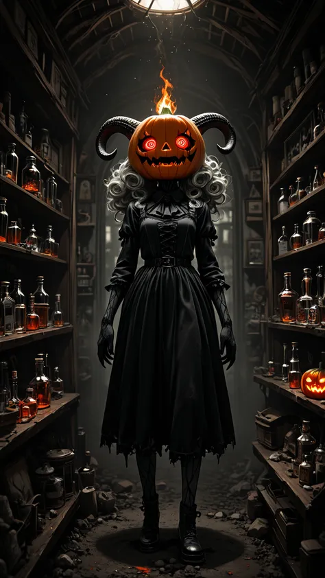 photo, ultra-detailed, 8k Wallpaper, demon girl with a body made of translucent ectoplasm, pumpkin head with a demonic face carv...