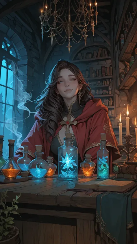 fantasy scene set in a dimly lit potion shop hidden deep within a crooked medieval alley. Shelves overflow with bottles of every...