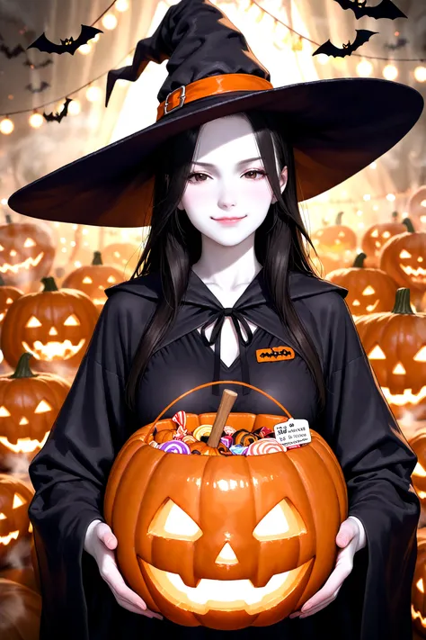 Anime semi-realistic portrait of Kathy at a Halloween party.
She has long dark hair, pale skin, and wears a witch costume with...